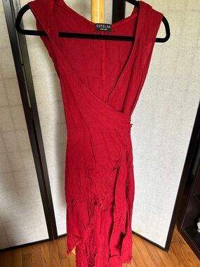 Estela Distressed Deep Red Sleeveless Wrap Dress